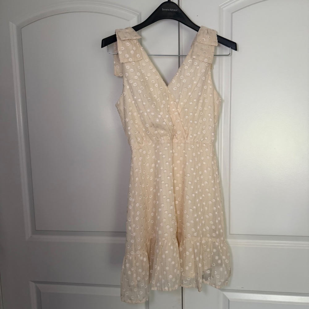 Altar'd State Cream Polka Dot Metallic Stripe Ruffle Mini Dress - small
